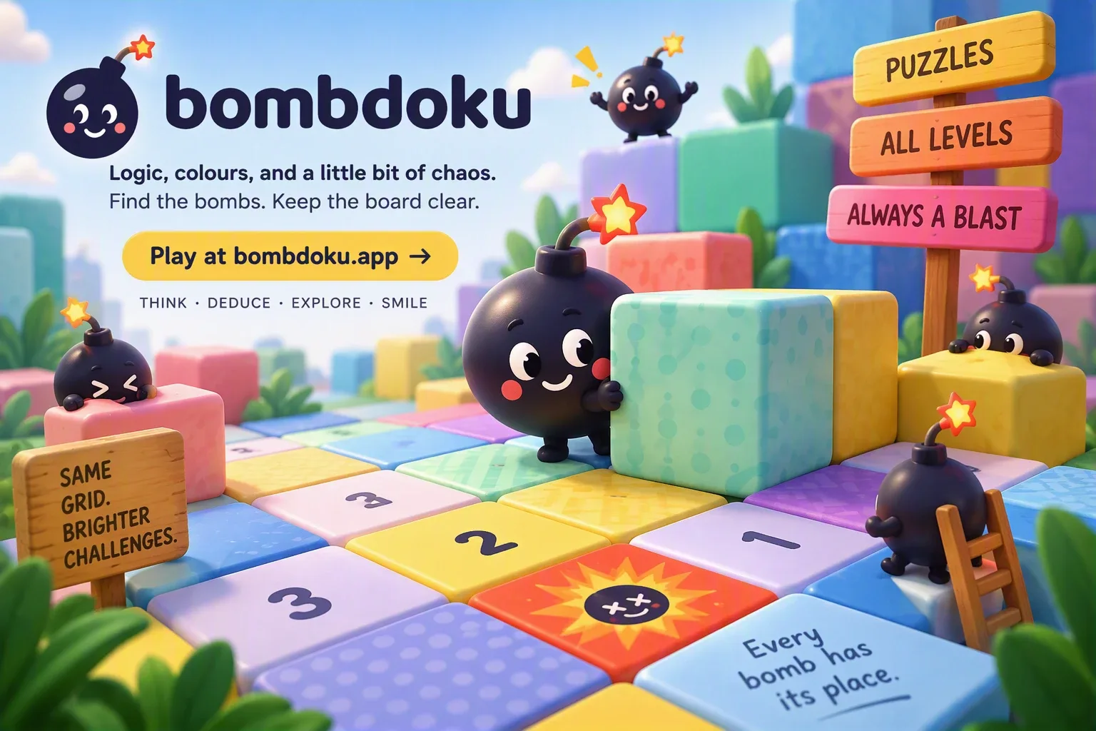 Bombdoku: round cartoon bombs with faces play across a pastel grid of numbered tiles, one tile showing a bright burst.