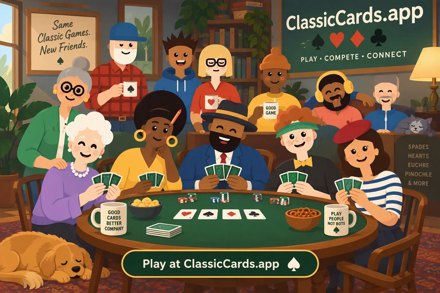 Classic Cards at the table: twelve friends of all ages around a round green card table with mugs, snacks and chips, a dog asleep on the rug and a cat on a sofa.